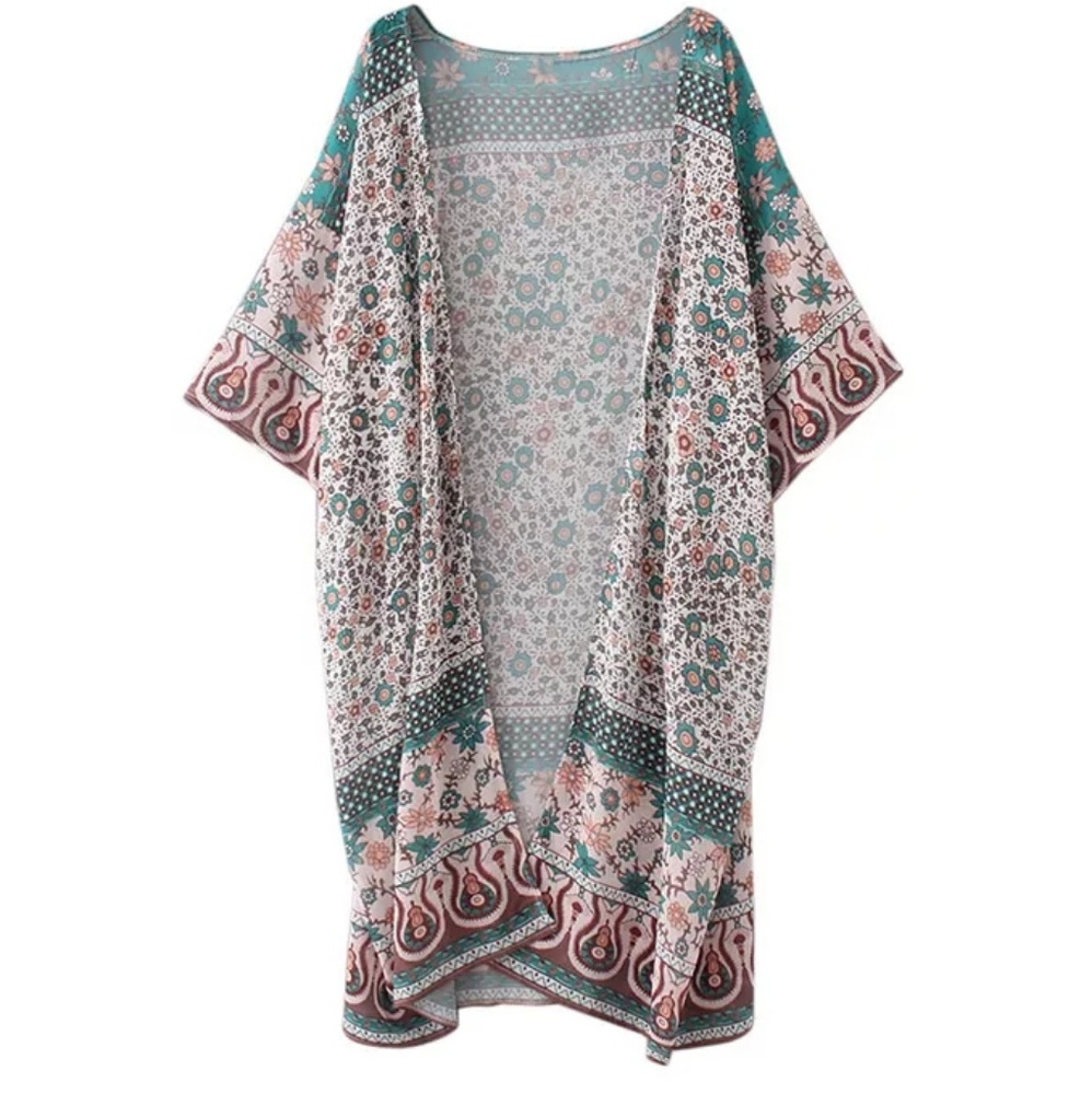 Semi Sheer Kimono Floral Beach Cover Top - Picture 3 of 6